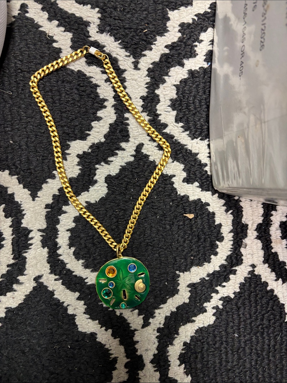 Gold Chain Necklace with Green Jeweled Pendant